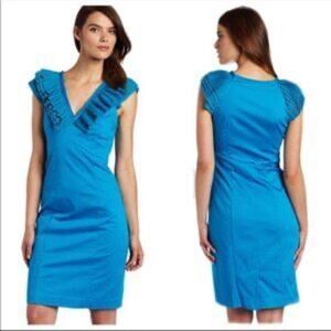 Ted Baker V Neck Pleated Ruffle Shift Dress Blue Size 1 US 4